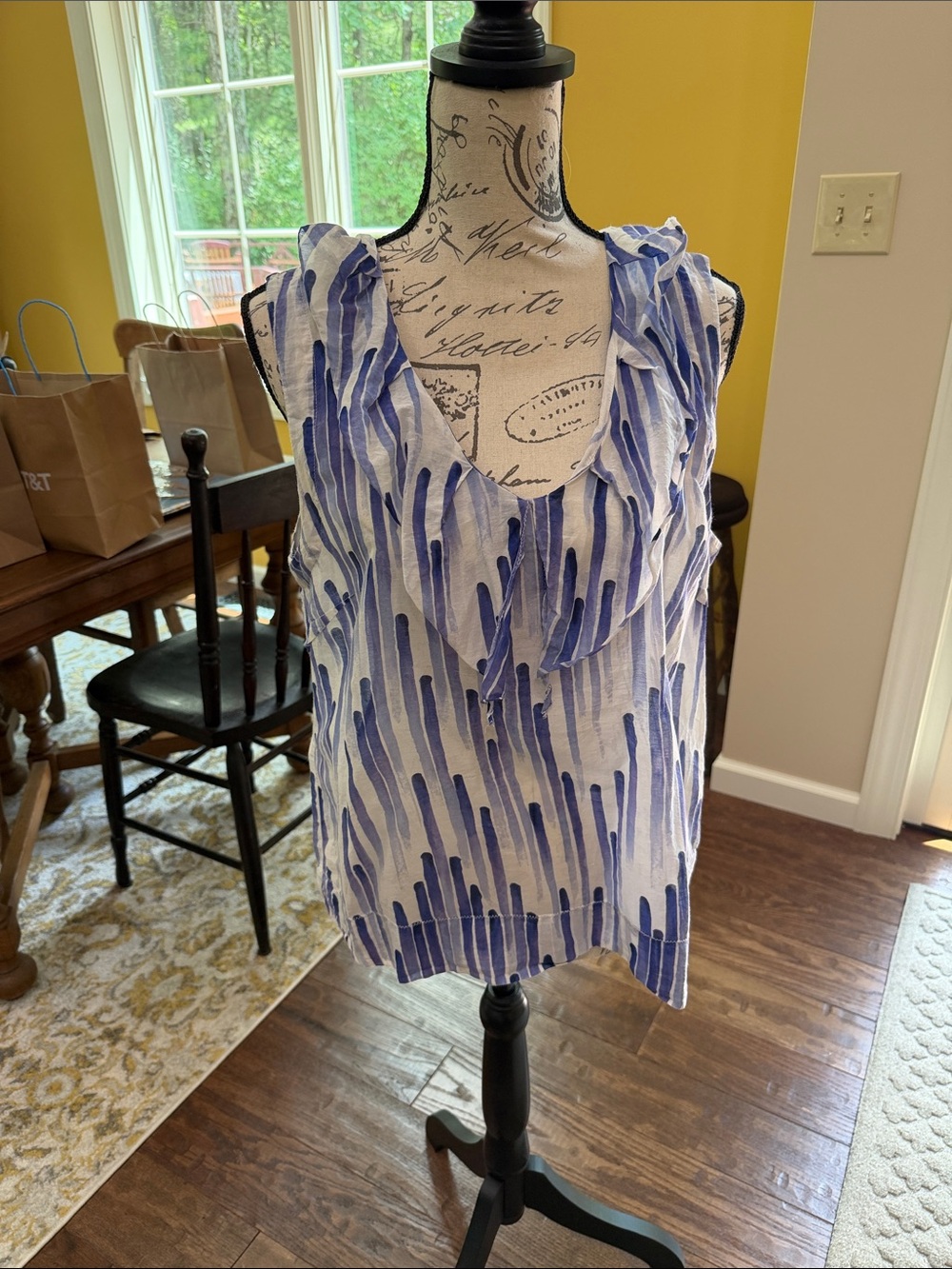 Victor Alfaro Blue and White Ruffle V-Neck Sleeveless Top